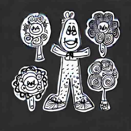 fun doodle characters, flowers, rainbows, drawn with a black 0. 3 mm fineliner on a white paper 