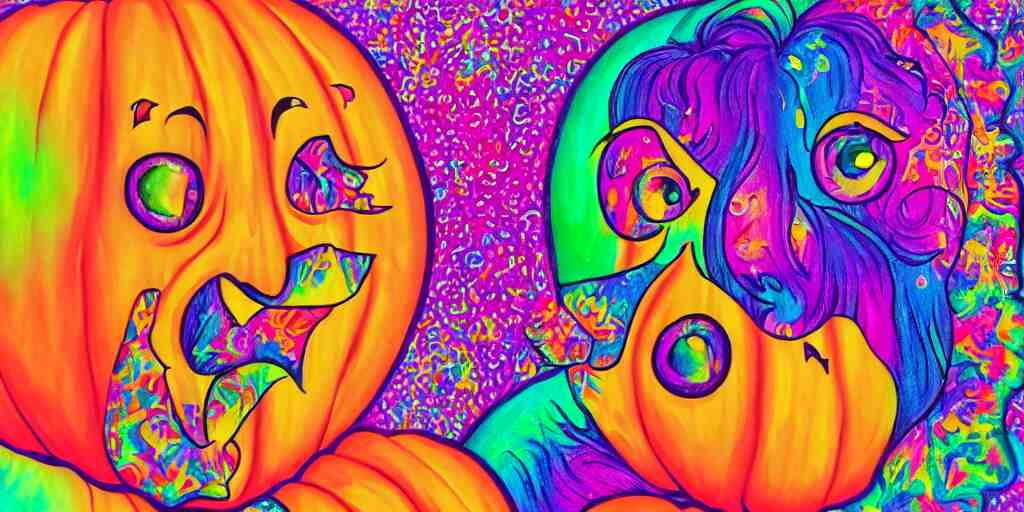 lisa frank painting carved pumpkin faces, textured canvas, kawaii holographic, detailed facial expression, surrealism aesthetic 