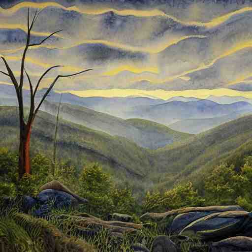 a beautiful watercolor painting of an epic appalachian wilderness at dawn by georgia o'keeffe, wide angle shot, godrays, mystical, deep shadows, epic scale 