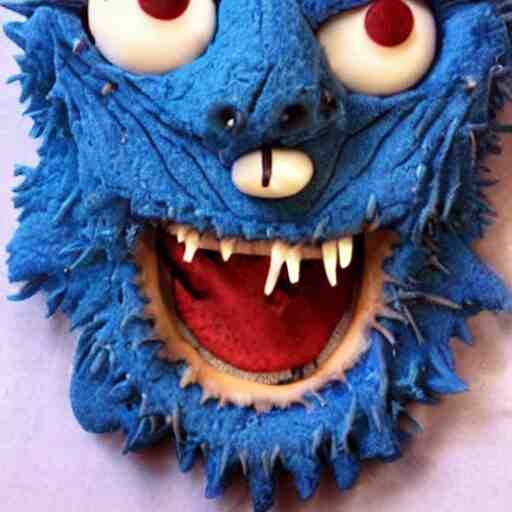 demonic cookie monster, evil, portrait, scary, creepy. detailed. realistic. 