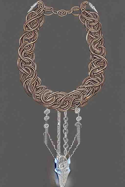 Necklace made of silver,nordic, kalevala,  Copper lining ,intricate, elegant, highly detailed, digital painting,  artstation, concept art, addiction, chains, smooth, sharp focus, illustration, art by Ilja Repin 