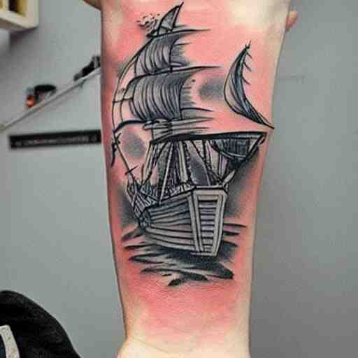 A pirate ship tattoo design in the style of Dmitriy Samohin, hyper realistic tattoo