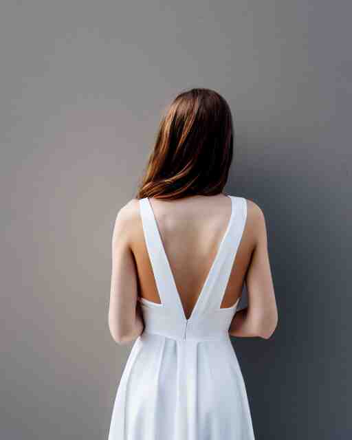 watercolor picture of a beautiful young woman in white dress, from the back, looking at the camera, high key, 8k