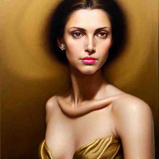 Facial portrait of a gorgeous girl, looking away from the camera, seductive smile, heavy gold jewellery, gold and pearl necklaces, elegant revealing intricate dress, sparkle in eyes, lips slightly parted, long flowing hair, no hands visible, delicate, teasing, arrogant, defiant, bored, mysterious, intricate, extremely detailed painting by Mark Brooks (and by Greg Rutkowski), visible brushstrokes, thick paint visible, no light reflecting off paint, vibrant colors, studio lighting