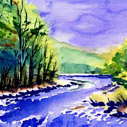 river, mountains, beautiful trees, watercolor painting 