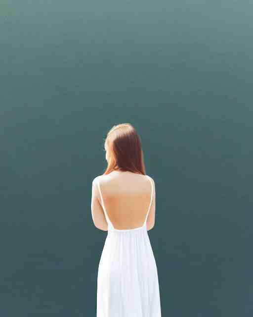 watercolor picture of a beautiful young woman in white dress, from the back, looking at the camera, high key, 8k