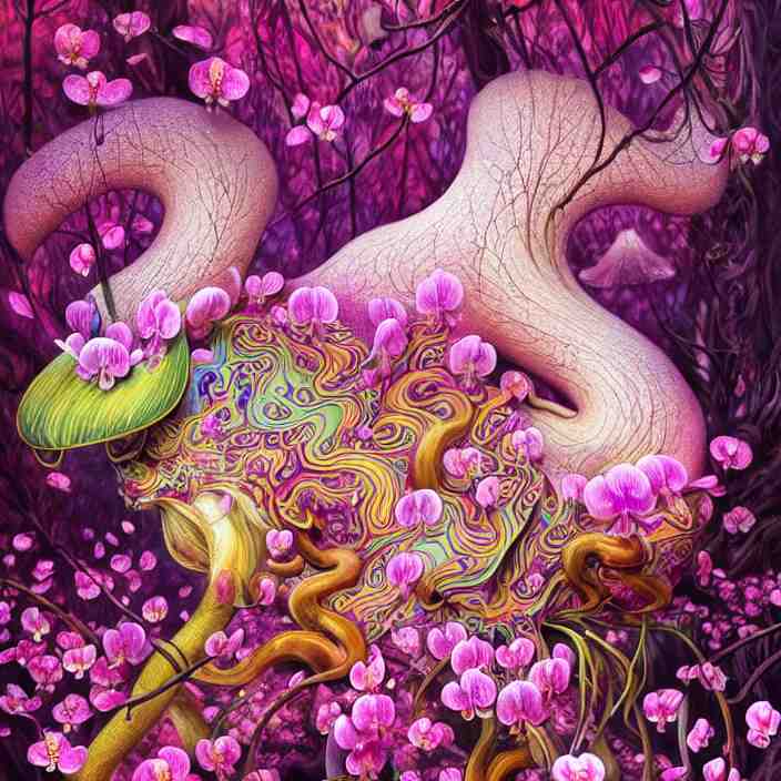 extremely psychedelic animal made of orchid and cherry blossom tree and mushroom, LSD, diffuse lighting, fantasy, intricate, elegant, highly detailed, lifelike, photorealistic, digital painting, artstation, illustration, concept art, smooth, sharp focus, art by John Collier and Albert Aublet and Krenz Cushart and Artem Demura and Alphonse Mucha