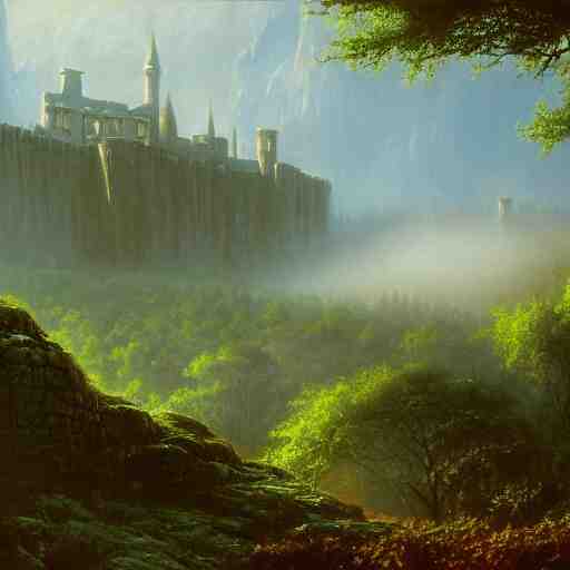 fortress in the misty woods, crisp, clear, matte oil painting, darrell k sweet, wallpaper 