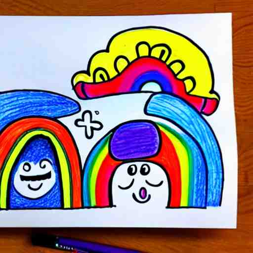 fun doodle characters, flowers, rainbows, toilet seats, drawn with a fineliner pen on a white paper 