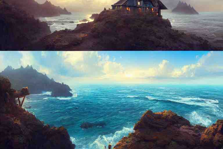 lovely a - frame home sits atop a broad cliff, overlooking the entirety of the blue sky, digital painting by greg rutkowski and gaston bussiere, zbrush, cgsociety contest winner, comprehensive art, intricate, landscape photography, brightly radiant atmosphere, overcast sky, homogeneous to hawaii, 4 k, 8 k 