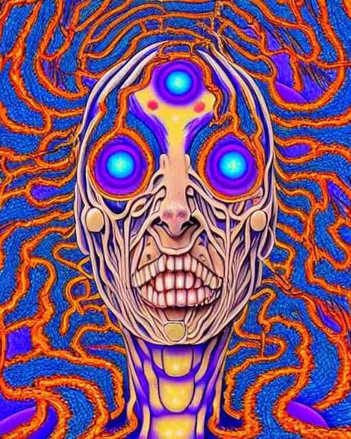 human body breaking away, conjuring psychedelic illustration, part by shintaro kago, part by alex gray, ultra realistic, highly detailed, 8 k, symmetry, fractals, grotesque, vibrant, 