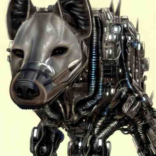 cybernetic hyena, bladerunner style, cyborg with lots of metal and wires, realistic highly detailed concept art 