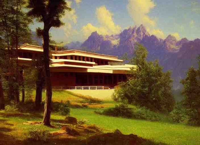 painting of a frank lloyd wright house in front of beautiful mountains by albert bierstadt 