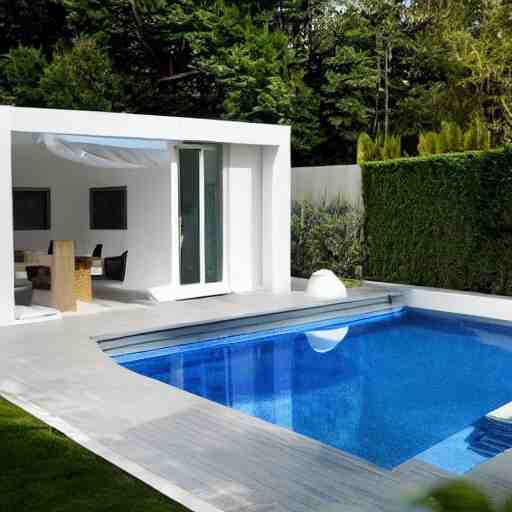 luxury elongated small backyard, all white, modern hut at the back, ceramic floor, small pool 