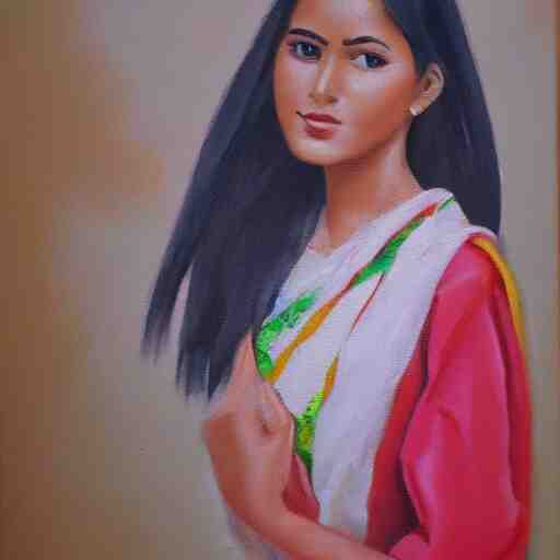 a beautiful oil painting of cute girl wearing modern stylish costume in the style of Assamese bihu mekhela sador gamosa design, commercial fashion design art concept