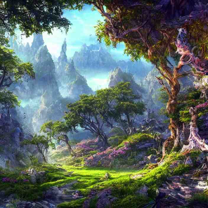 beautiful realistic landscape photo of fantasy mmo world, intricate detailed, innovation, bright modern style, artstation, unreal render, depth of field, ambient lighting, award winning, stunning