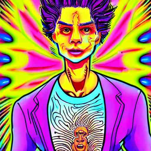 a psychedelic young godlike humanoid, hyper detailed, in the style of rutkowski and junji ito and bob ross and lisa frank, selfie 