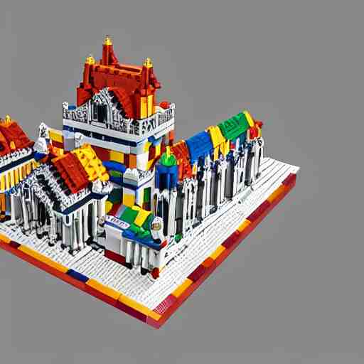 isometric view of a lego church, lego bricks, model church, geometric isometric view 