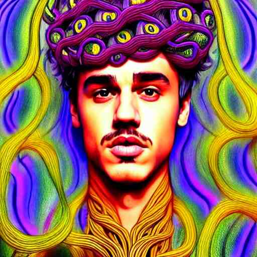 an extremely psychedelic portrait of jusyin bieber as medusa, surreal, lsd, face, detailed, intricate, elegant, lithe, highly detailed, digital painting, artstation, concept art, smooth, sharp focus, illustration 