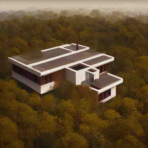 rectangular modernist house inspired by a tibetan palace, surrounded by thick collumns, two levels, in a field, big trees, clouds, dramatic lighting, artstation, matte painting, raphael lacoste, simon stalenhag, frank lloyd wright, drone view 