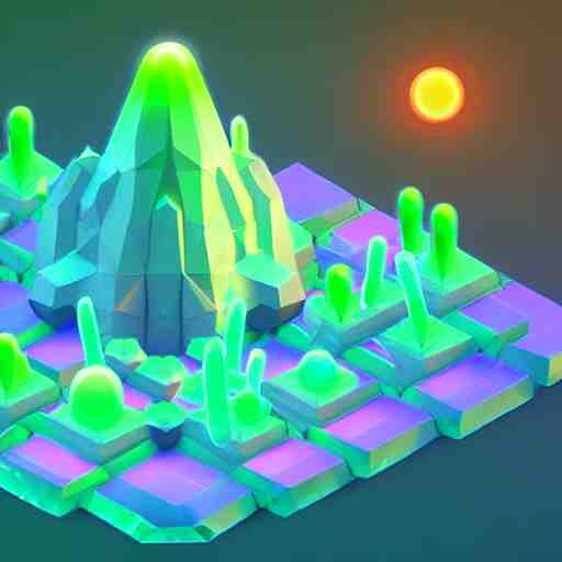 mobile game asset, isometric staircase, crystals, organic low poly design, bioluminescent alien - like plants inspired by the pandora aesthetic avatar's alien nature. we can see alien plants glowing in the dark arround the isometric itens in dark place cyan, orange smooth glow night photoshop filter low poly behance hd 