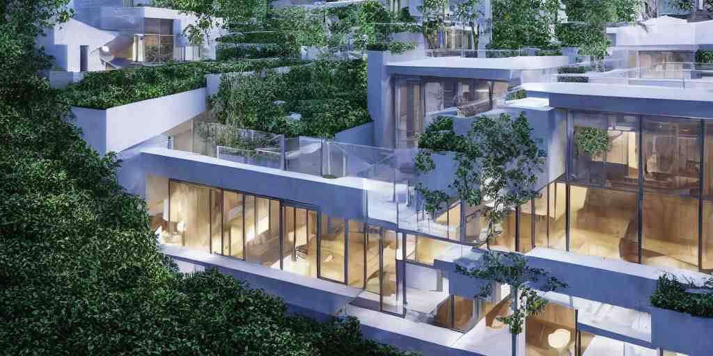 3d rendering  of beautiful nature meets architecture concept of a residential house by Kengo Kuma, volumetric lighting, luxury, high detail, 14mm,  glass railing, outdoor staircase, terraces, roof garden, cinematic photography, cg architects,  high resolution