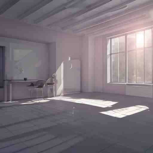 a white empty pink office with sun rays looming down, with a pool inside, dynamic lighting, photorealistic concept art, trending on art station, stunning visuals, creative, cinematic, ultra detailed, ray tracing 