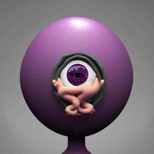 photo of a clay model of character with large spherical purple head and tiny eyes with comically tiny body and spindly limbs leans close to the camera, fish eye lens, 4 k, hyper realistic, hyper detailed face, octane render 