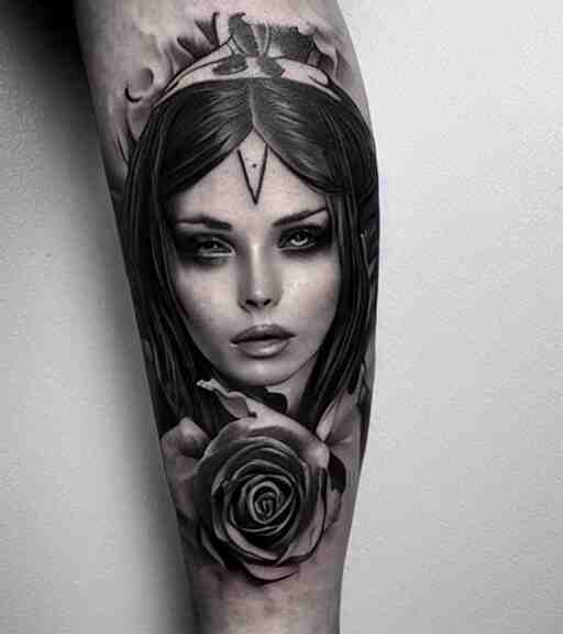 tattoo design on white background of a beautiful girl warrior, roses, hyper realistic, realism tattoo, by eliot kohek, beautiful eyes, realistic face, black and white 