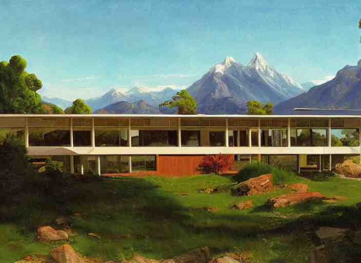 painting of a richard neutra house in front of beautiful mountains by thomas cole 