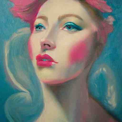 romantic painted portrait of a modern woman. has a bit of cyan and pink. masterpiece 