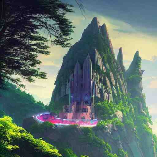 futuristic temple carved into a mountain side, big green trees, colorful clouds, dramatic lighting, artstation, matte painting, raphael lacoste, simon stalenhag, frank lloyd wright 