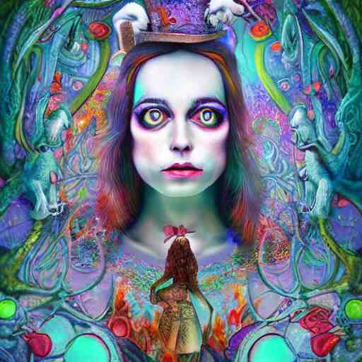 An extremely psychedelic portrait of Alice , in wonderland , surreal, LSD, face, detailed, intricate, elegant, lithe, highly detailed, digital painting, artstation, concept art, smooth, sharp focus, illustration