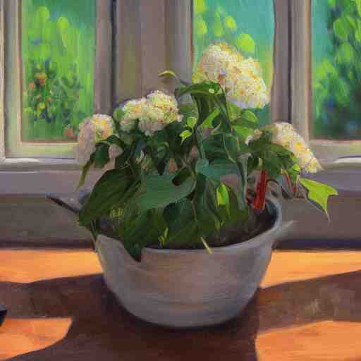 dittany in a pot, on wooden table in the ray of sunshine in greenhouse, oil painting, sharp focus, high detailed, calm, warm lighting, sparkles, digital art, concept art, by Rutkowsky,