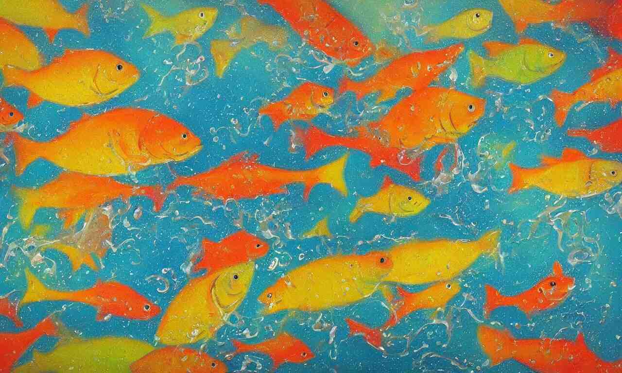 painting of splashing water, small fish, representation with abstraction, frenetic oil painting, values as flat shapes, pastel color pallet, 