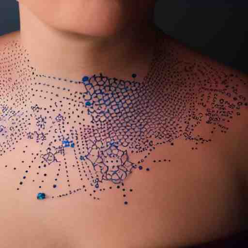 close up studio portrait photograph of a woman's collar bone tattoo of constellation molecules stars chemistry 