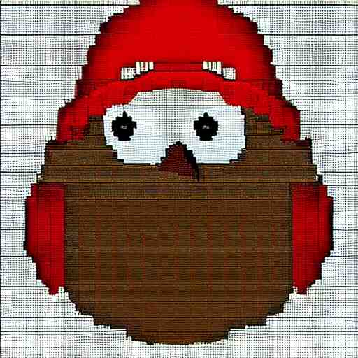 a bird with a hat in pixelart, white background 