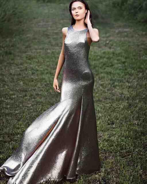 in a twilight landscape, a young fashion model woman shows off her figure in a shiny party dress, face and eyes covered by a pointed geometry