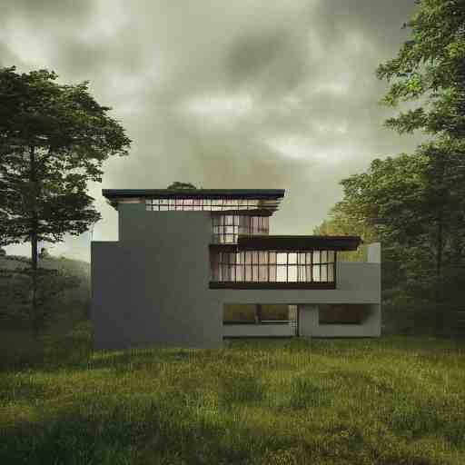 rectangular modernist house inspired by a tibetan palace, atrium, two levels, in a field, big trees, clouds, dramatic lighting, artstation, matte painting, raphael lacoste, simon stalenhag, frank lloyd wright, drone view 