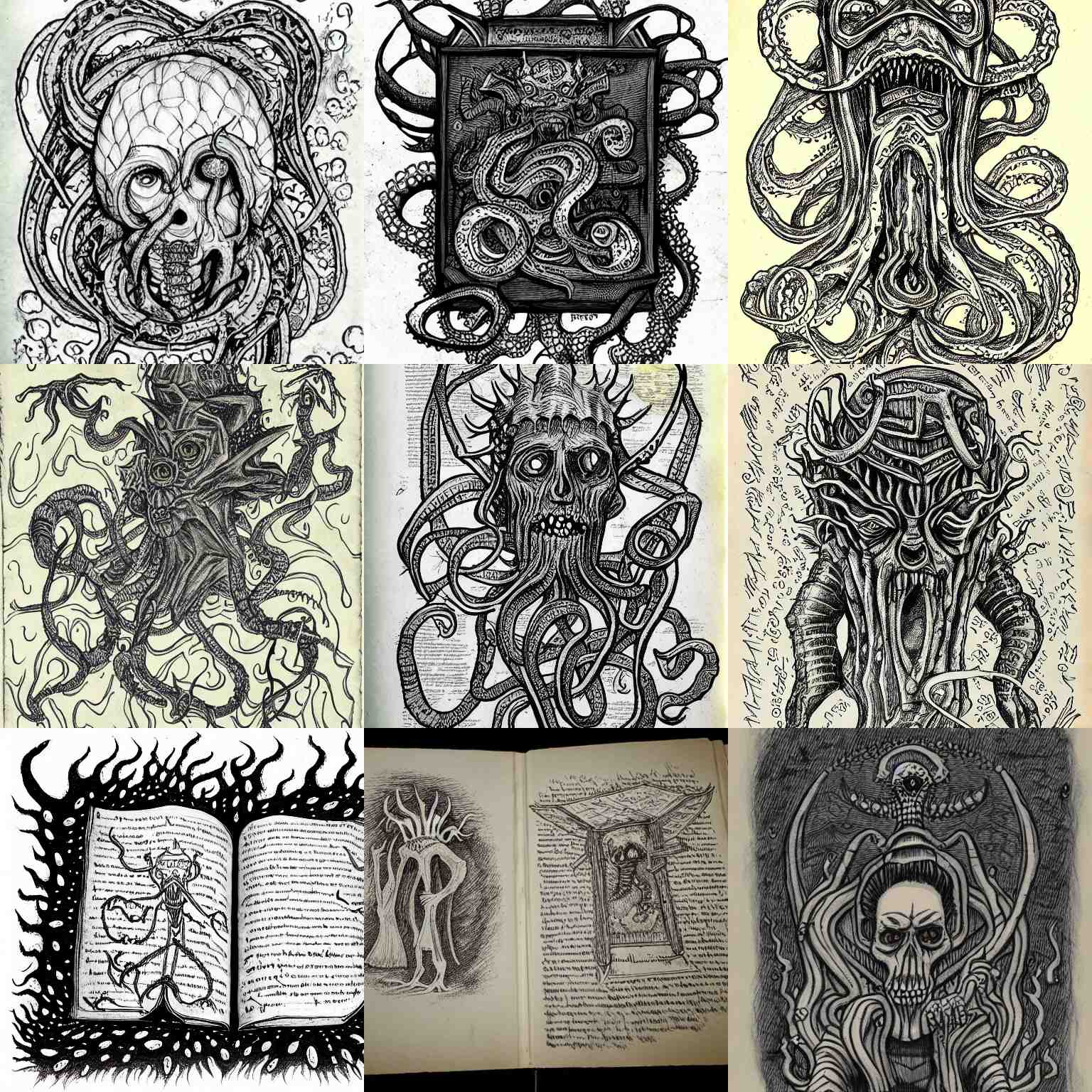 lovecraft grimoire illustration, pen draw on parchment paper with quick notice, book of monsters