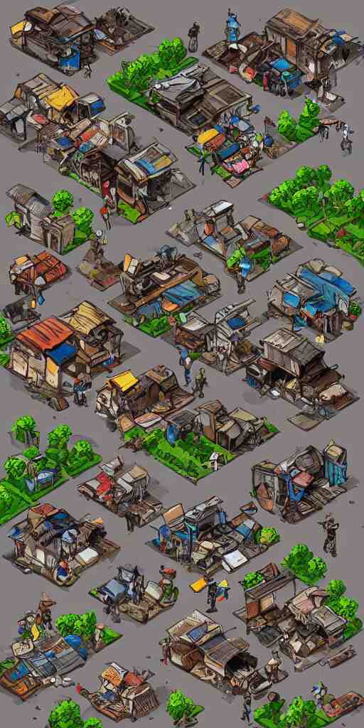 junkyard slum houses and shops. pixel art asset sheet. isometric perspective. concept art. science fiction. 