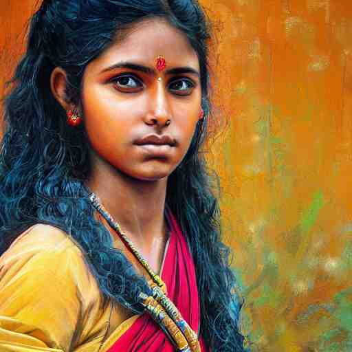 stunning, breathtaking, awe - inspiring award - winning concept art portrait painting by steve mccurry of a beautiful young hindu woman warrior with short, wavy hair, wearing a colorful sari 