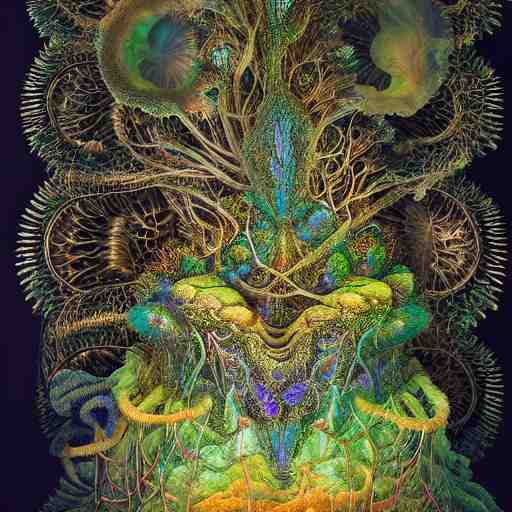 a polyphonic symphony of fungal bio - communications inside a surreal 3 d fractal temple made up of organic fungal mushroom and mycelium, bioluminescent surfaces, inspired by ernst haeckel & escher & peter mohrbacher & remedios varo & agostino arrivabene 