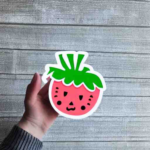 hand holding cartoon diecut sticker of cute kawaii watermellon slice with white border and light gray background