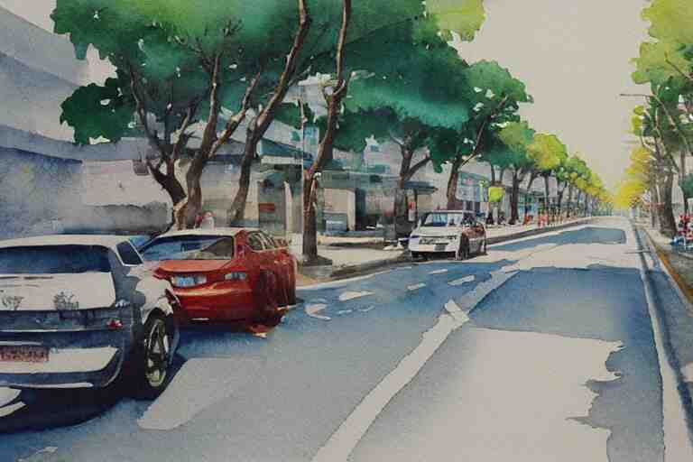 !! watercolor!! penang road in a sunny day, artwork by tooth wu, colorful contrast,!! very coherent!!, dark shadow, thick lineart 