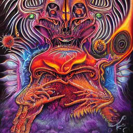 the second layer of hell, airbrush art, shamanic dmt horror art, by basuki abdullah 