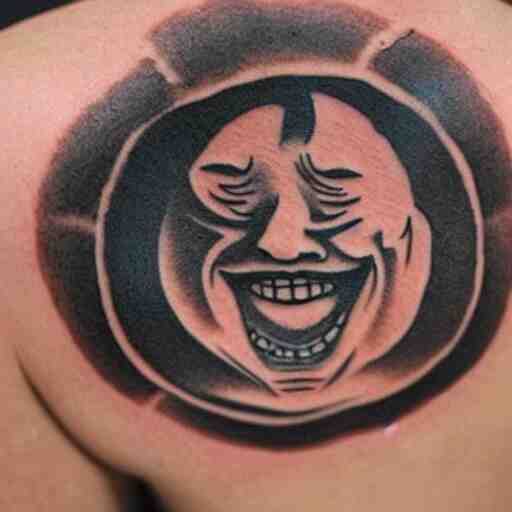 tattoo on a man’s arm of Gojo Saturn from jiujitsu Kaisen laughing with a sun behind him