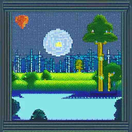 pixel art of a lake at night in a forest, dark blue colors 