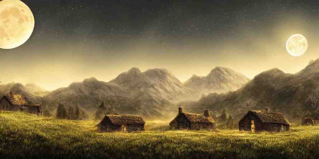 Skeleton infested fields with large mountains in the distance, small cottage in the foreground, nighttime, moon in the night sky, landscape wallpaper, d&d art, fantasy, painted, 4k, high detail, sharp focus