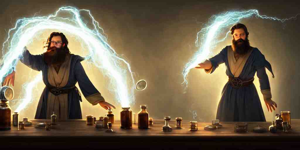 a handsome bearded caucasian male sorcerer with brown hair he is casting a spell with flowing energy, he is in a alchemist lab filled with beakers and equipment, neutral pose, epic composition, 4 k, light rays, super coherent, by dave melvin 1. 0 | dan luvisi 2. 0 | greg rutkowski 0. 5 